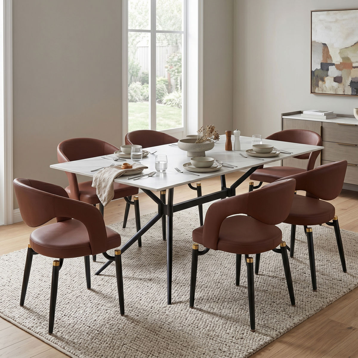 Elega Rectangular Dining Table with Sintered Stone Top and Black Steel Base