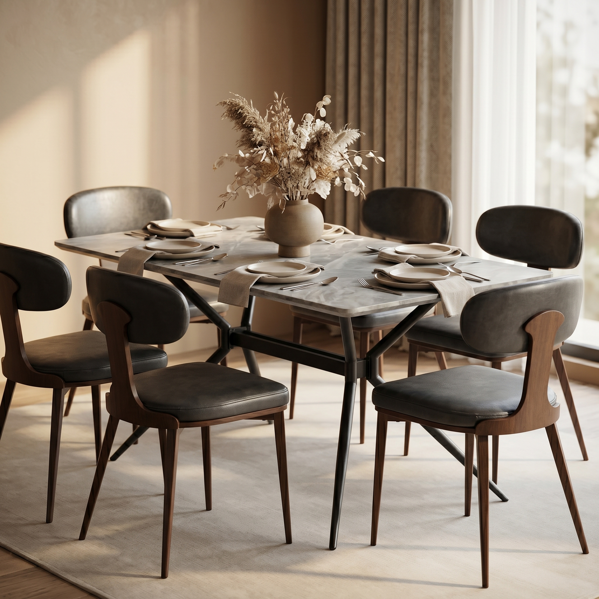 Elega Rectangular Dining Table with Sintered Stone Top and Black Steel Base