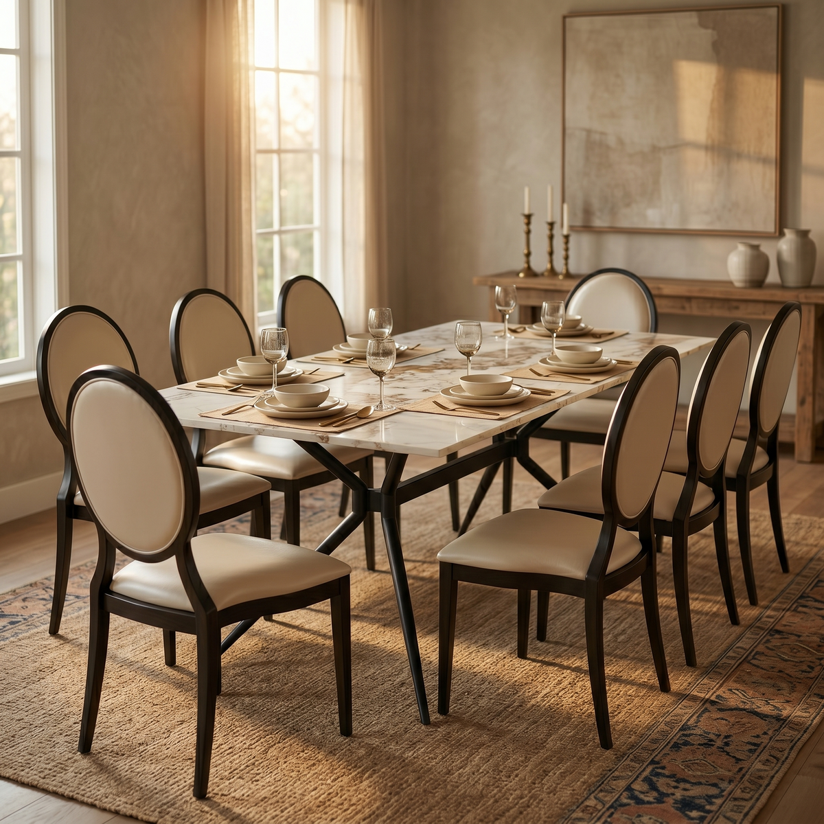 Elega Rectangular Dining Table with Sintered Stone Top and Black Steel Base