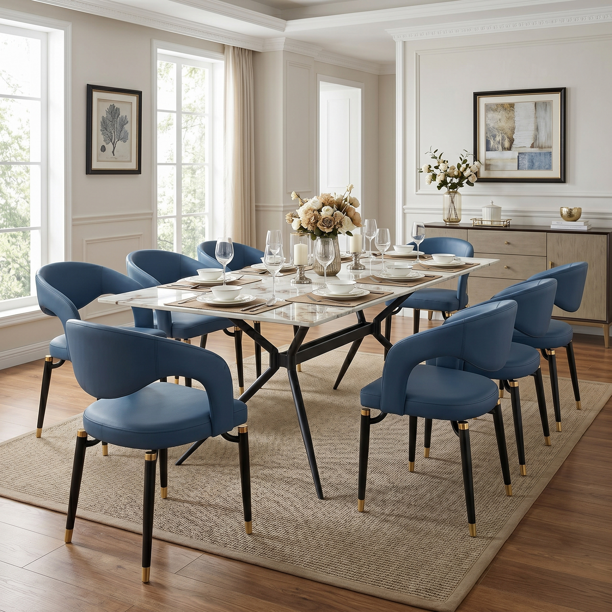 Elega Rectangular Dining Table with Sintered Stone Top and Black Steel Base
