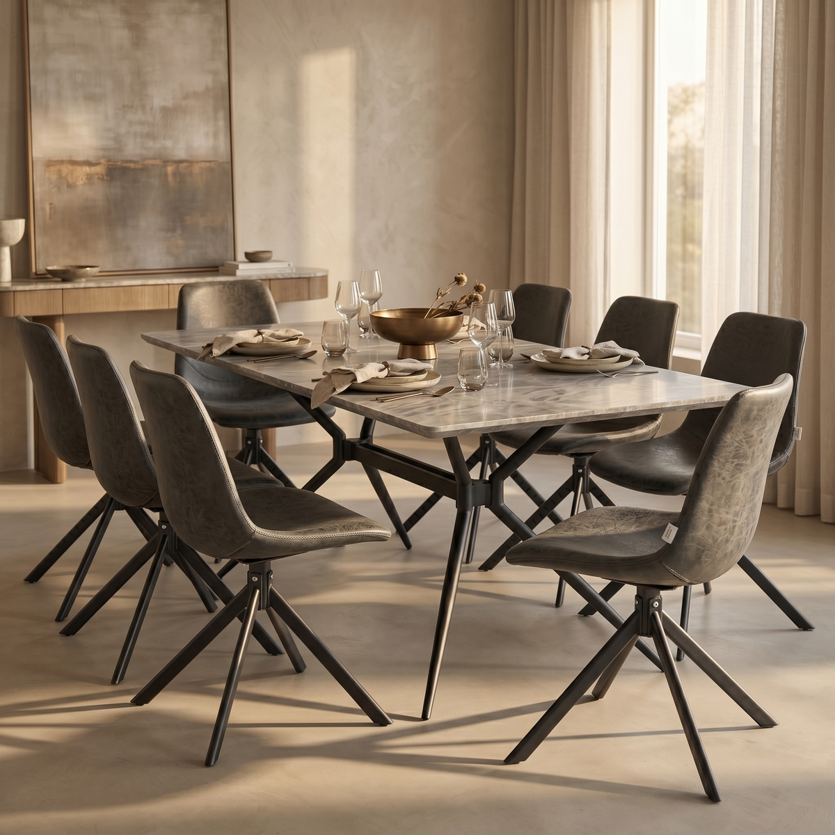 Elega Rectangular Dining Table with Sintered Stone Top and Black Steel Base