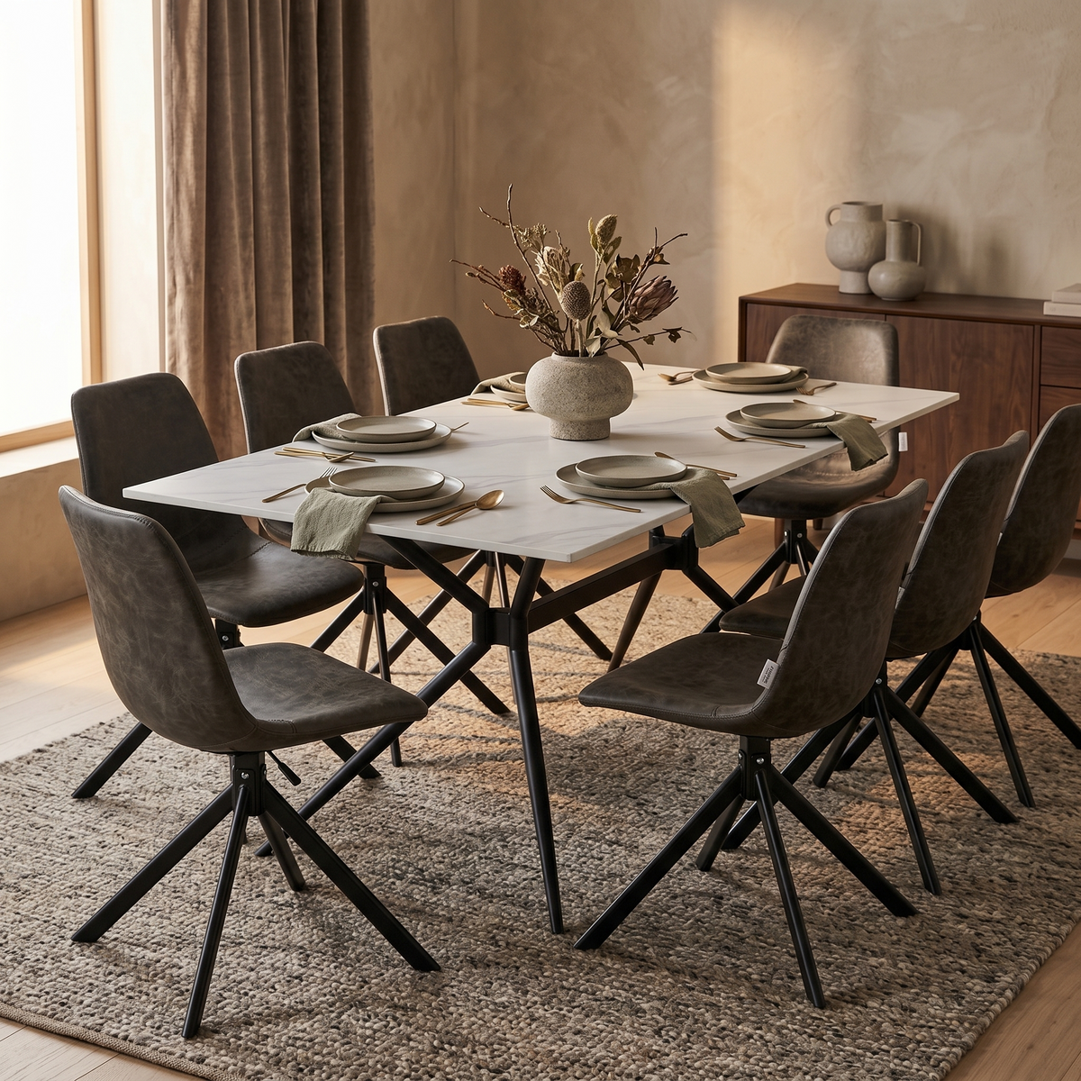Elega Rectangular Dining Table with Sintered Stone Top and Black Steel Base