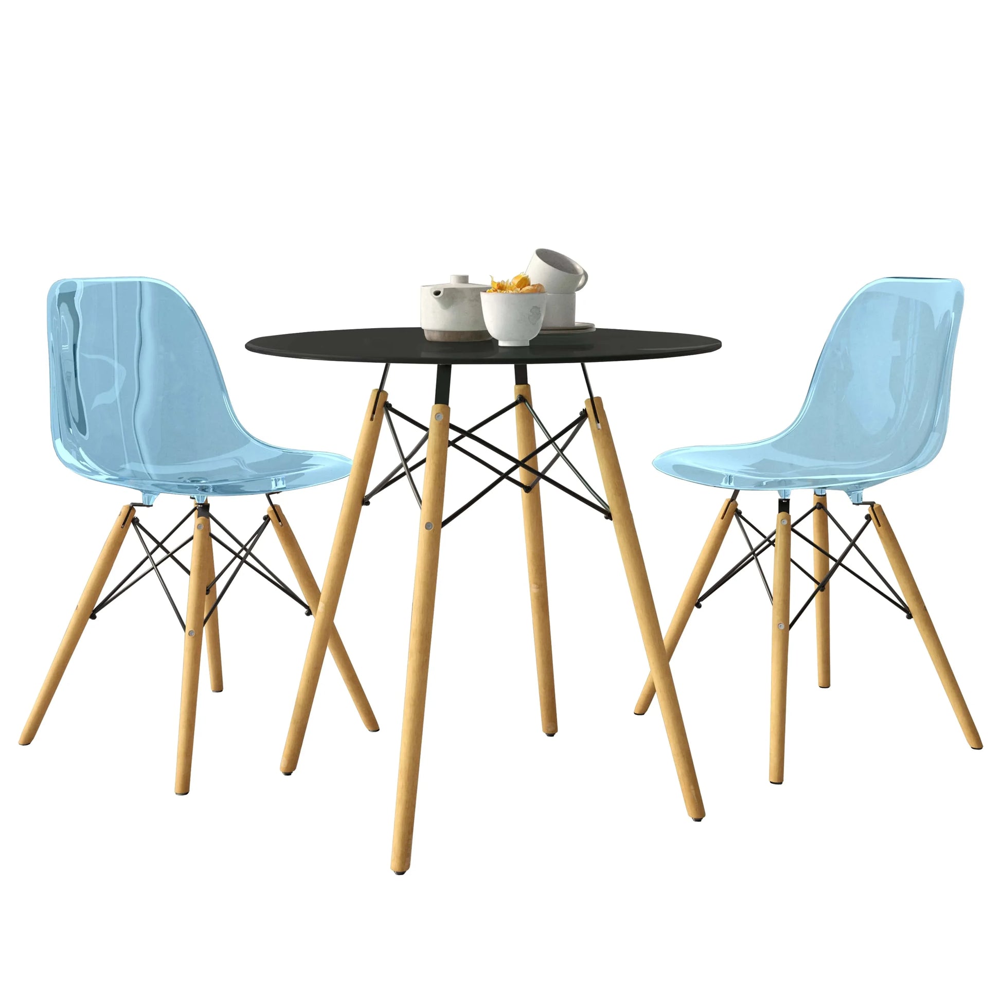 Dover 3-Piece Dining Set with Round Black MDF Top Bistro Table and 2 Plastic Chairs - Elax Furniture