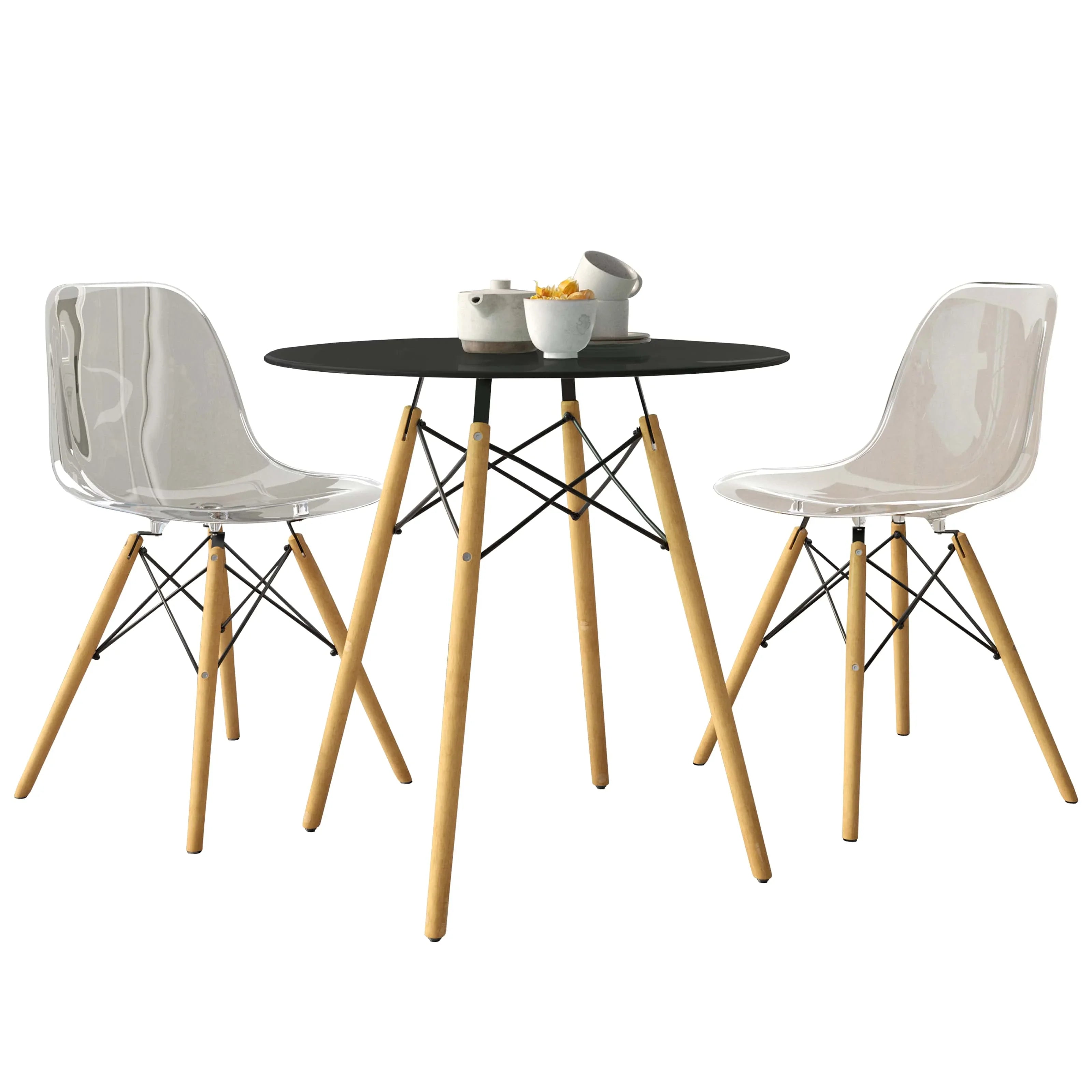 Dover 3-Piece Dining Set with Round Black MDF Top Bistro Table and 2 Plastic Chairs - Elax Furniture