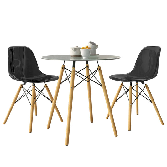 Dover 3-Piece Dining Set with Round Clear Glass Top Bistro Table and 2 Plastic Chairs - Elax Furniture