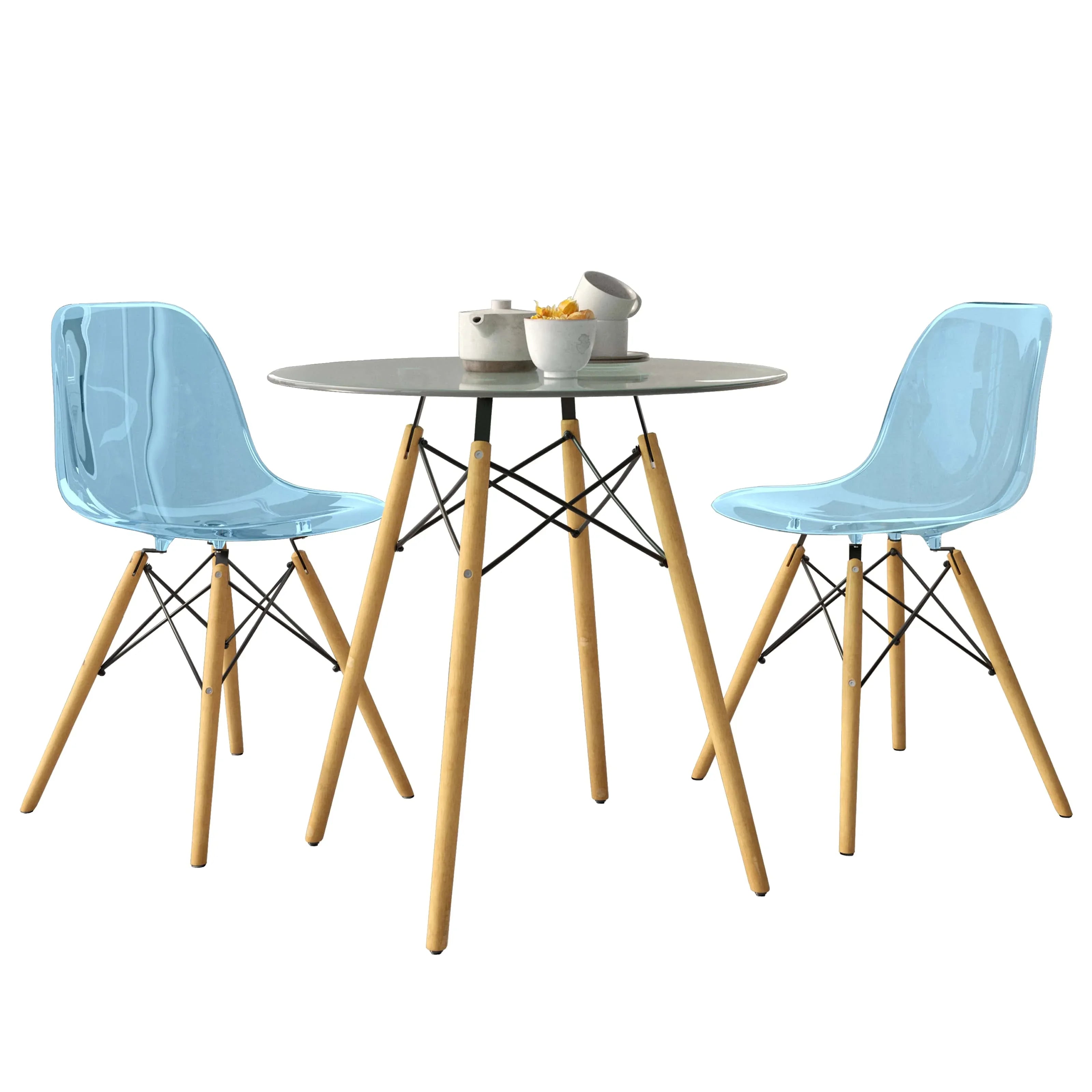 Dover 3-Piece Dining Set with Round Clear Glass Top Bistro Table and 2 Plastic Chairs - Elax Furniture