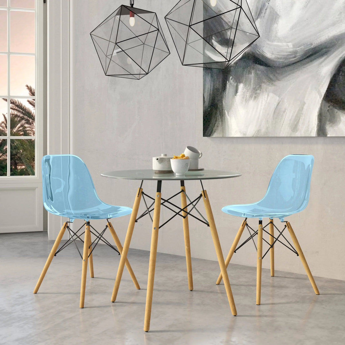 Dover 3-Piece Dining Set with Round Clear Glass Top Bistro Table and 2 Plastic Chairs - Elax Furniture
