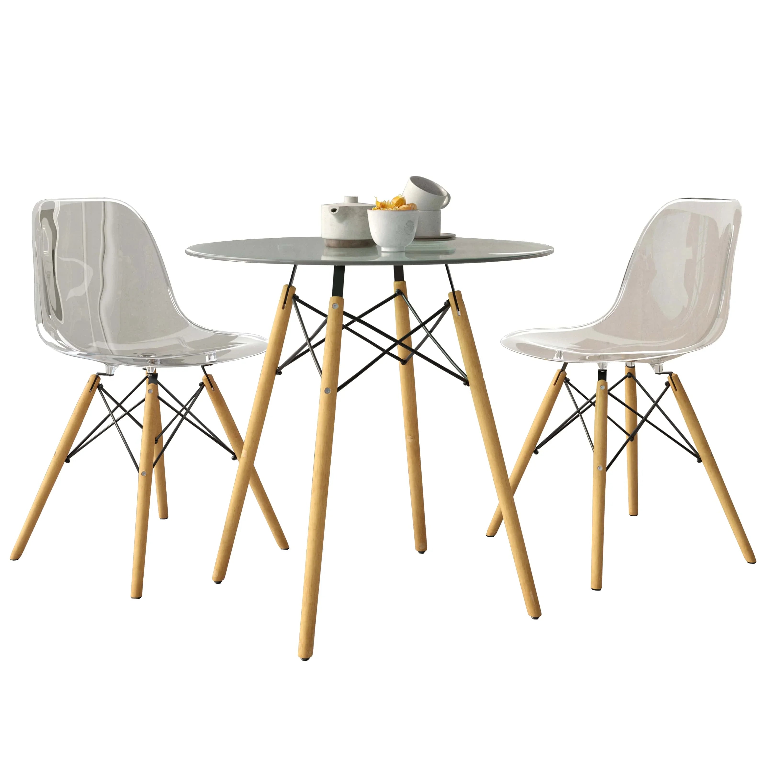 Dover 3-Piece Dining Set with Round Clear Glass Top Bistro Table and 2 Plastic Chairs - Elax Furniture