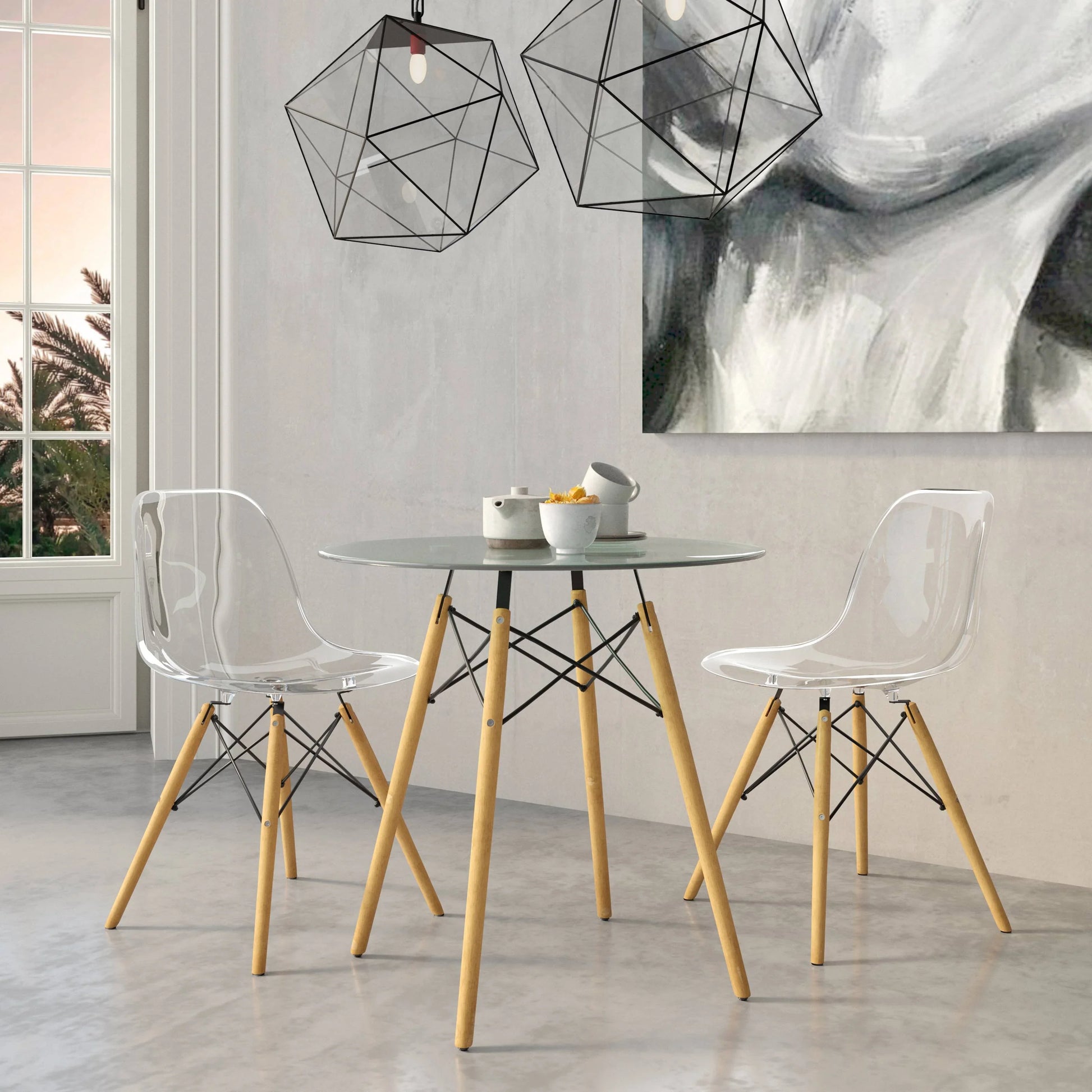 Dover 3-Piece Dining Set with Round Clear Glass Top Bistro Table and 2 Plastic Chairs - Elax Furniture