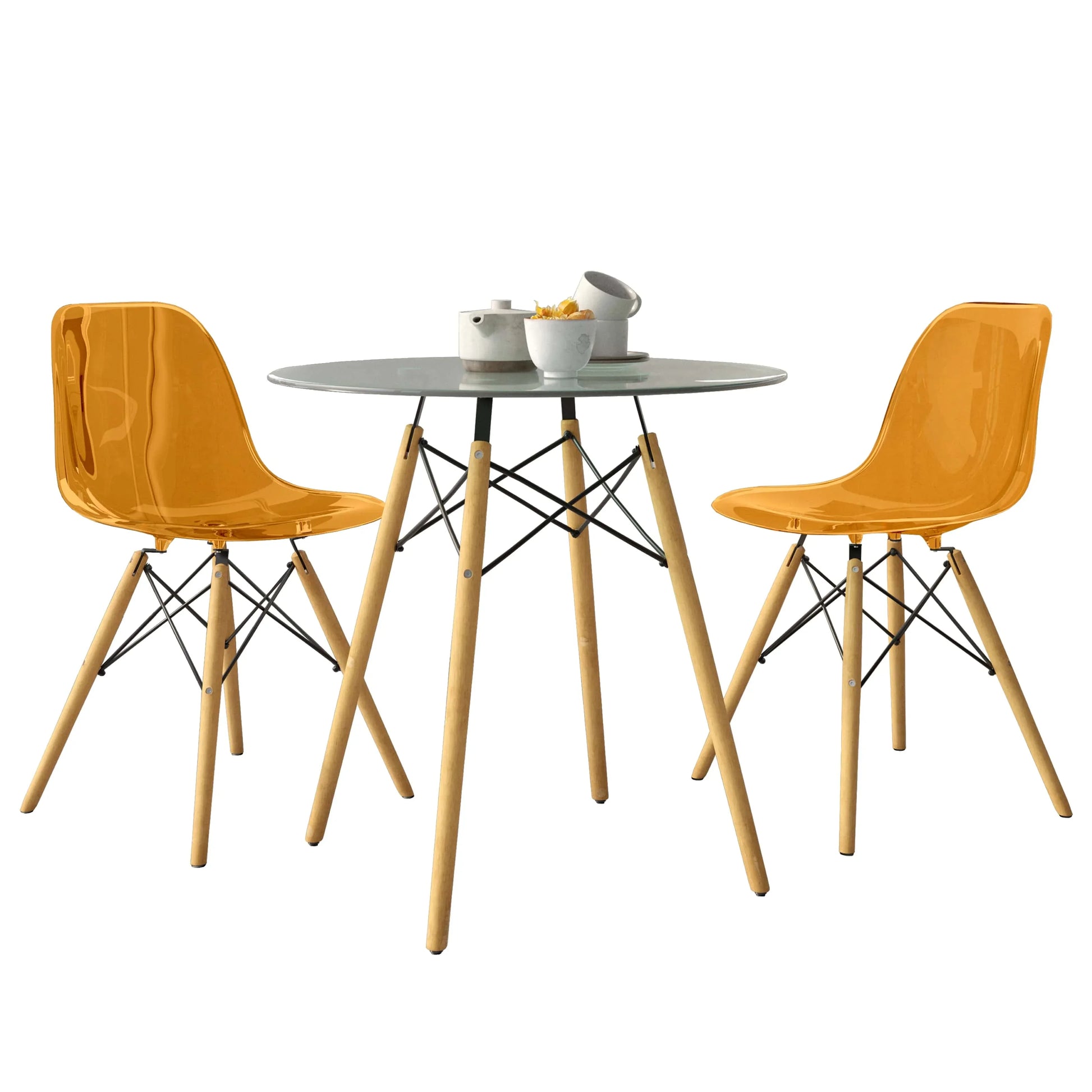 Dover 3-Piece Dining Set with Round Clear Glass Top Bistro Table and 2 Plastic Chairs - Elax Furniture