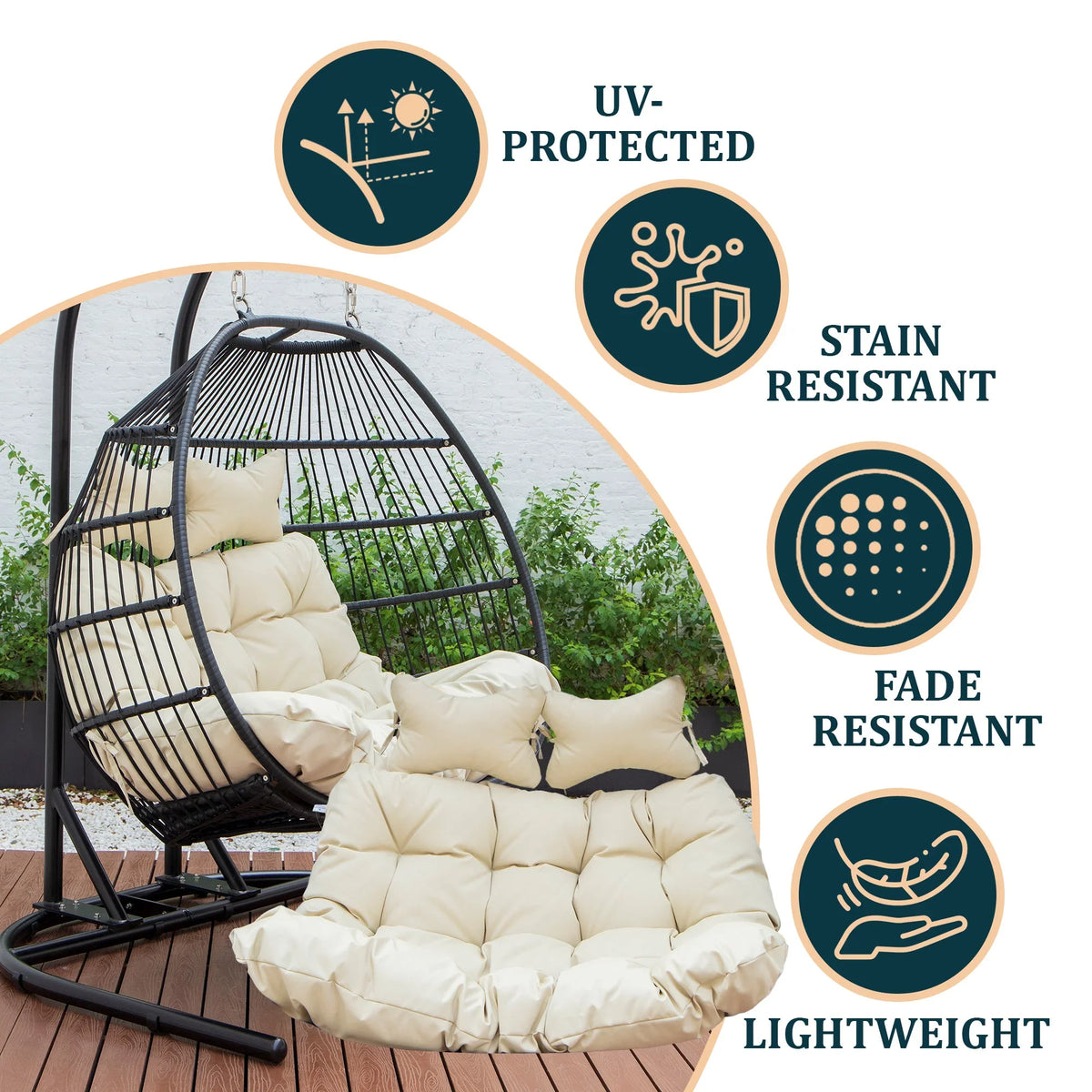 Modern Upholstered 2 Person Hanging Egg Swing Cushion with Headrest - Elax Furniture