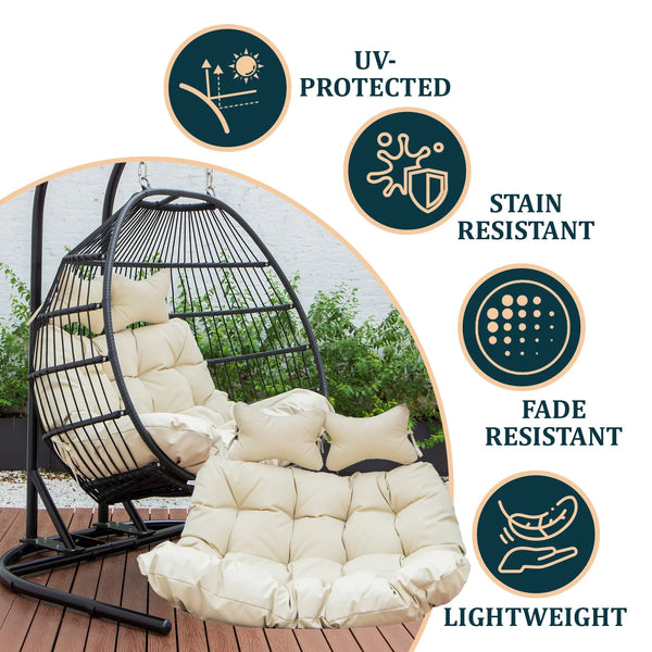 Modern Upholstered 2 Person Hanging Egg Swing Cushion with Headrest