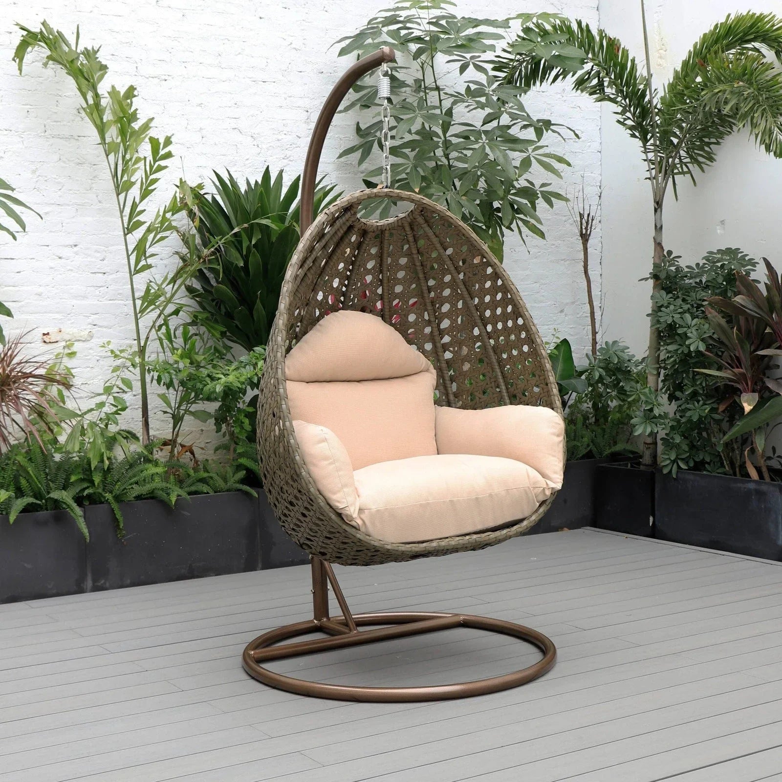 Beige Wicker Hanging Single Egg Swing Chair With Cushions - Elax Furniture