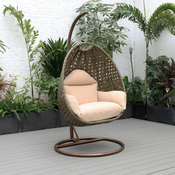 Beige Wicker Hanging Single Egg Swing Chair With Cushions