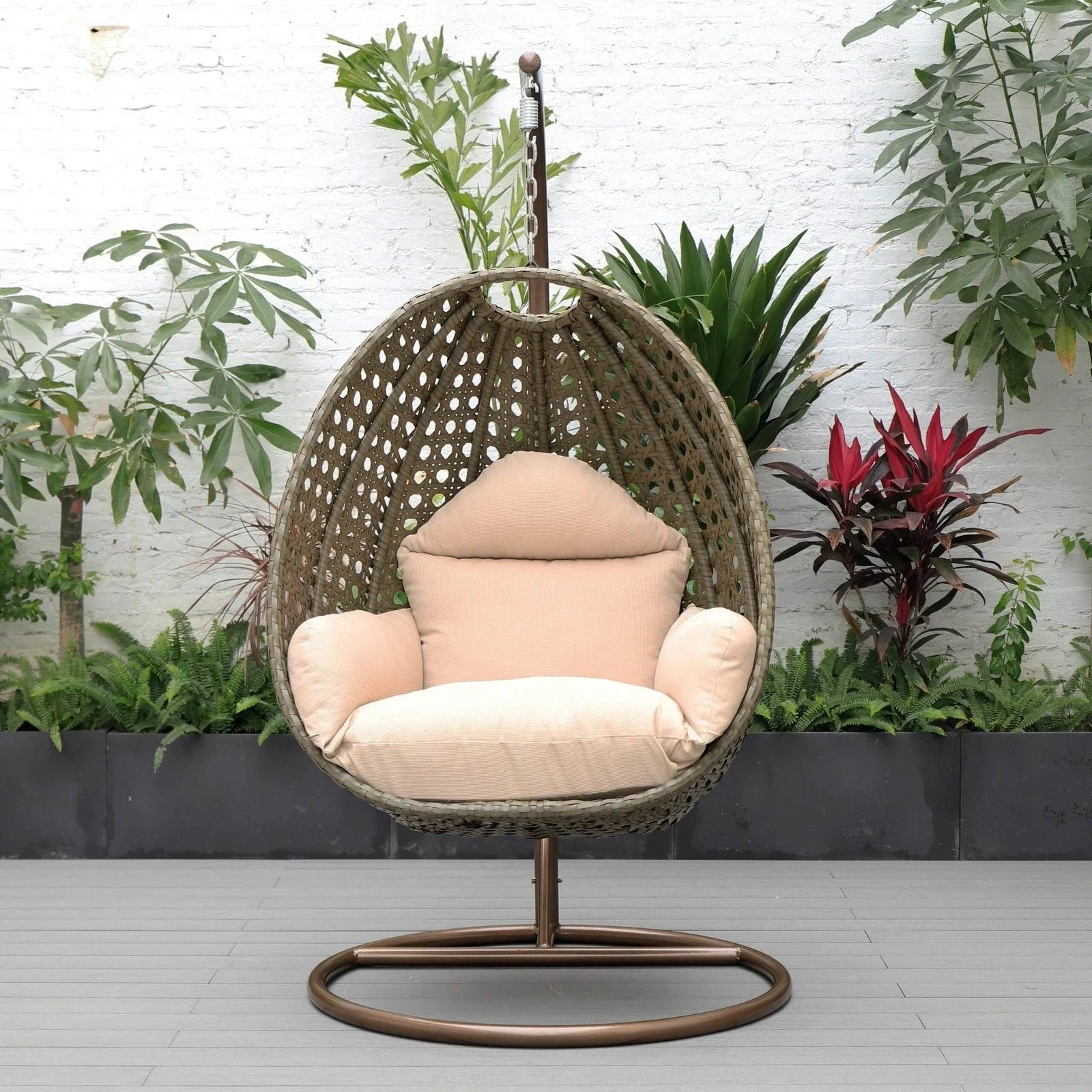 Beige Wicker Hanging Single Egg Swing Chair With Cushions - Elax Furniture