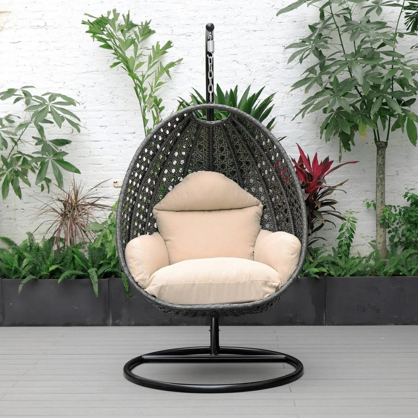 Charcoal Wicker Hanging Single Egg Swing Chair With Cushions - Elax Furniture