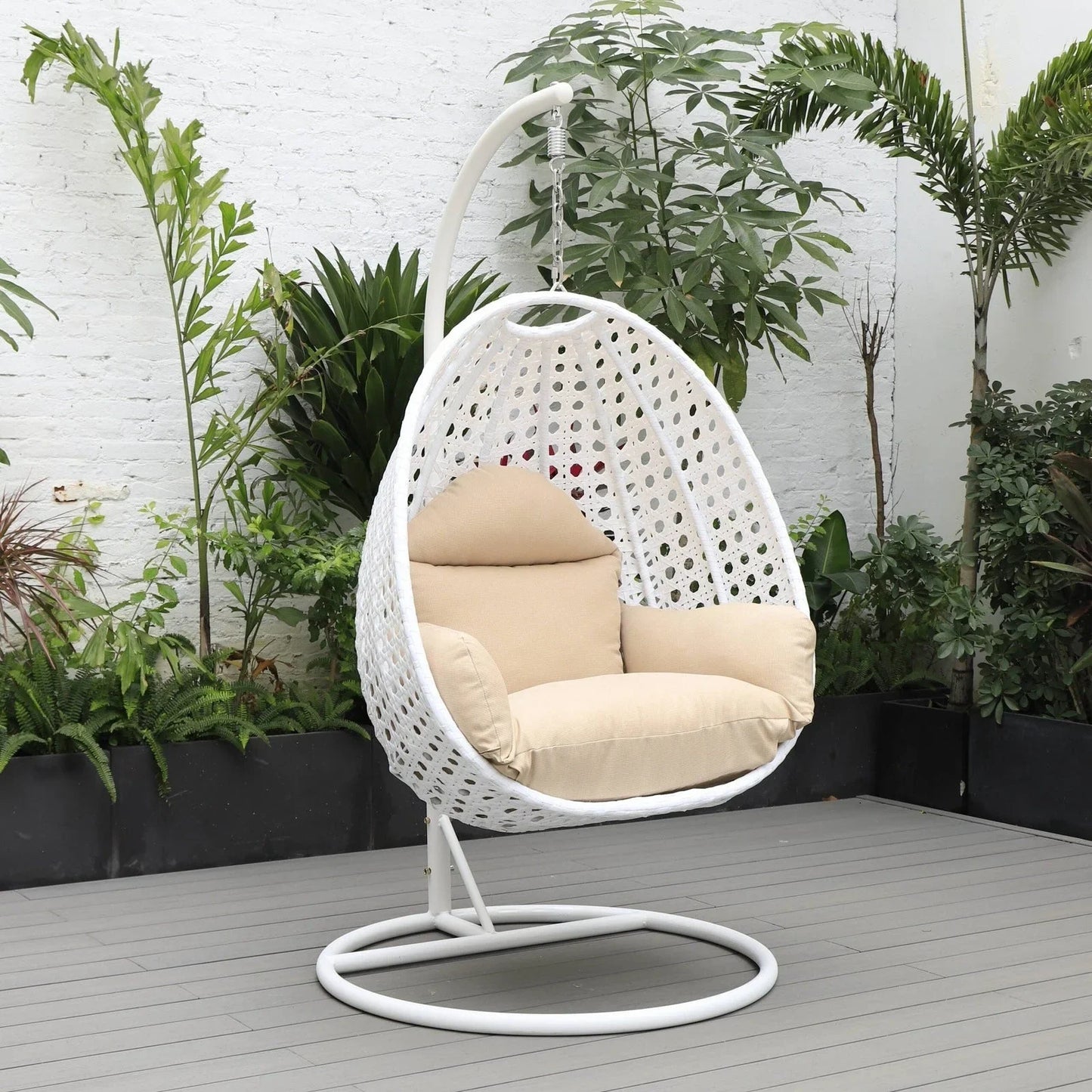 White Wicker Hanging Single Egg Swing Chair With Cushions - Elax Furniture