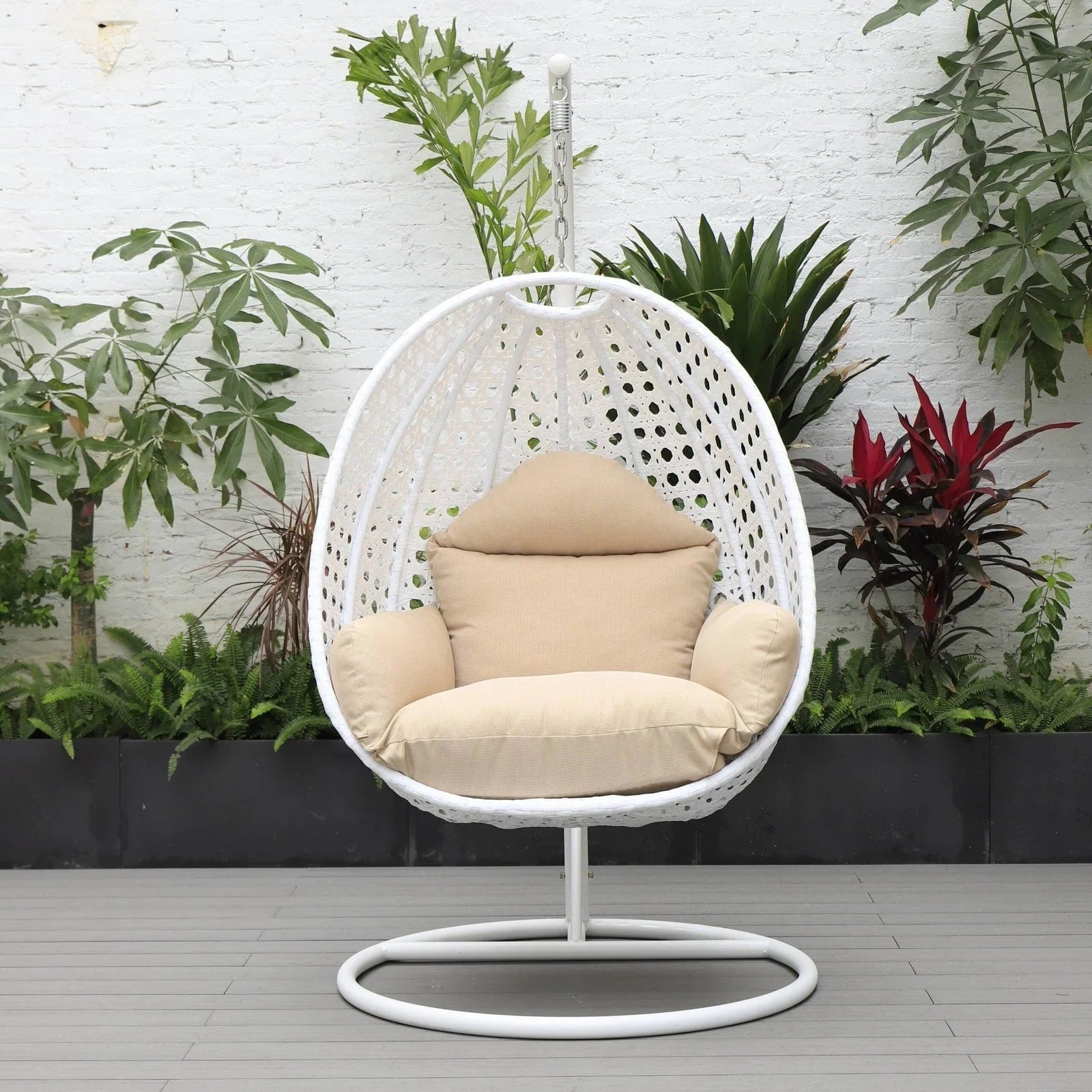 White Wicker Hanging Single Egg Swing Chair With Cushions - Elax Furniture