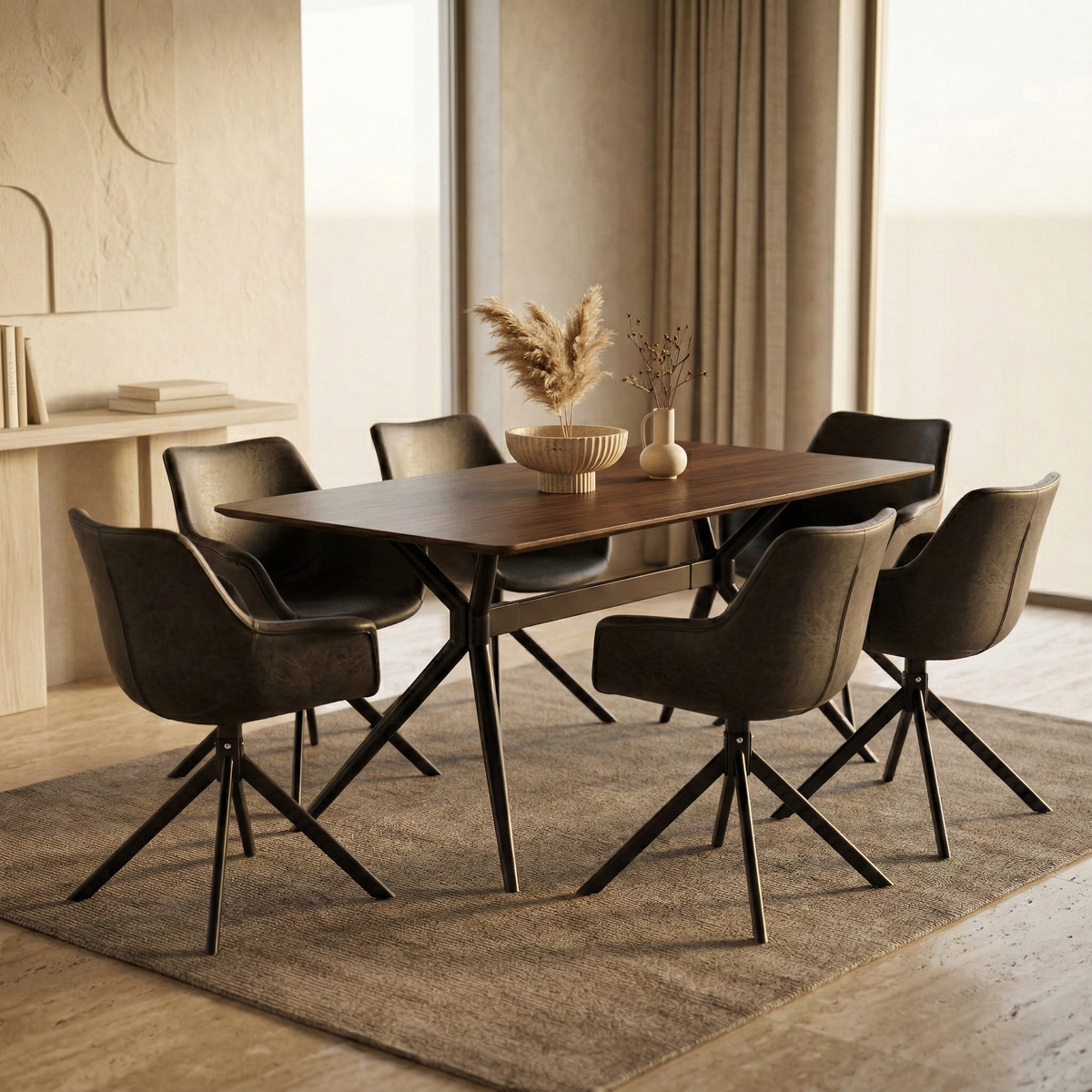 Elega Rectangular Dining Table with Sintered Stone/Glass Rectangular Top and Black Stainless Steel Base