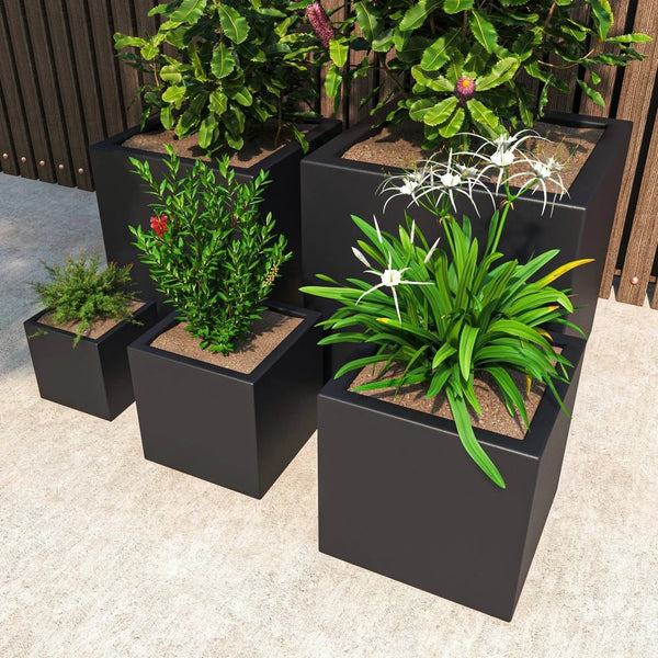Fern 5-Piece Modern Fiberstone and MGO Clay Square Planter Set for Indoor and Outdoor