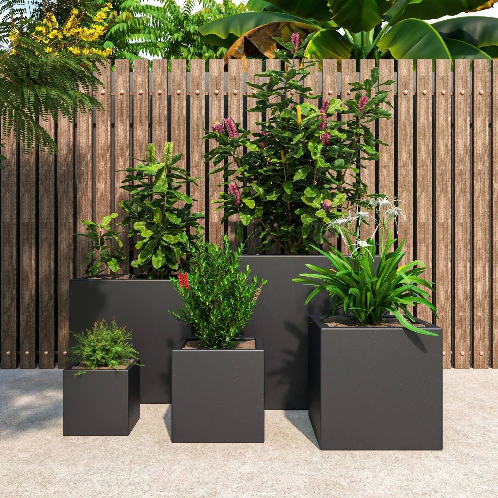 Fern 5-Piece Modern Fiberstone and MGO Clay Square Planter Set for Indoor and Outdoor - Elax Furniture