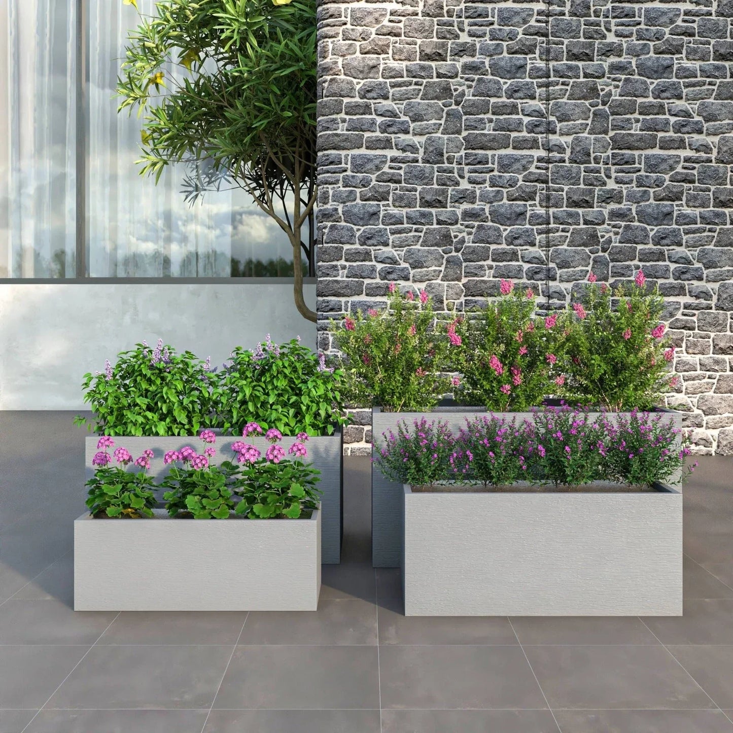 Flora Modern 3-Piece Rectangular Planter Pot Set in Fiberstone and Clay Weather Resistant Design in Grey - Elax Furniture