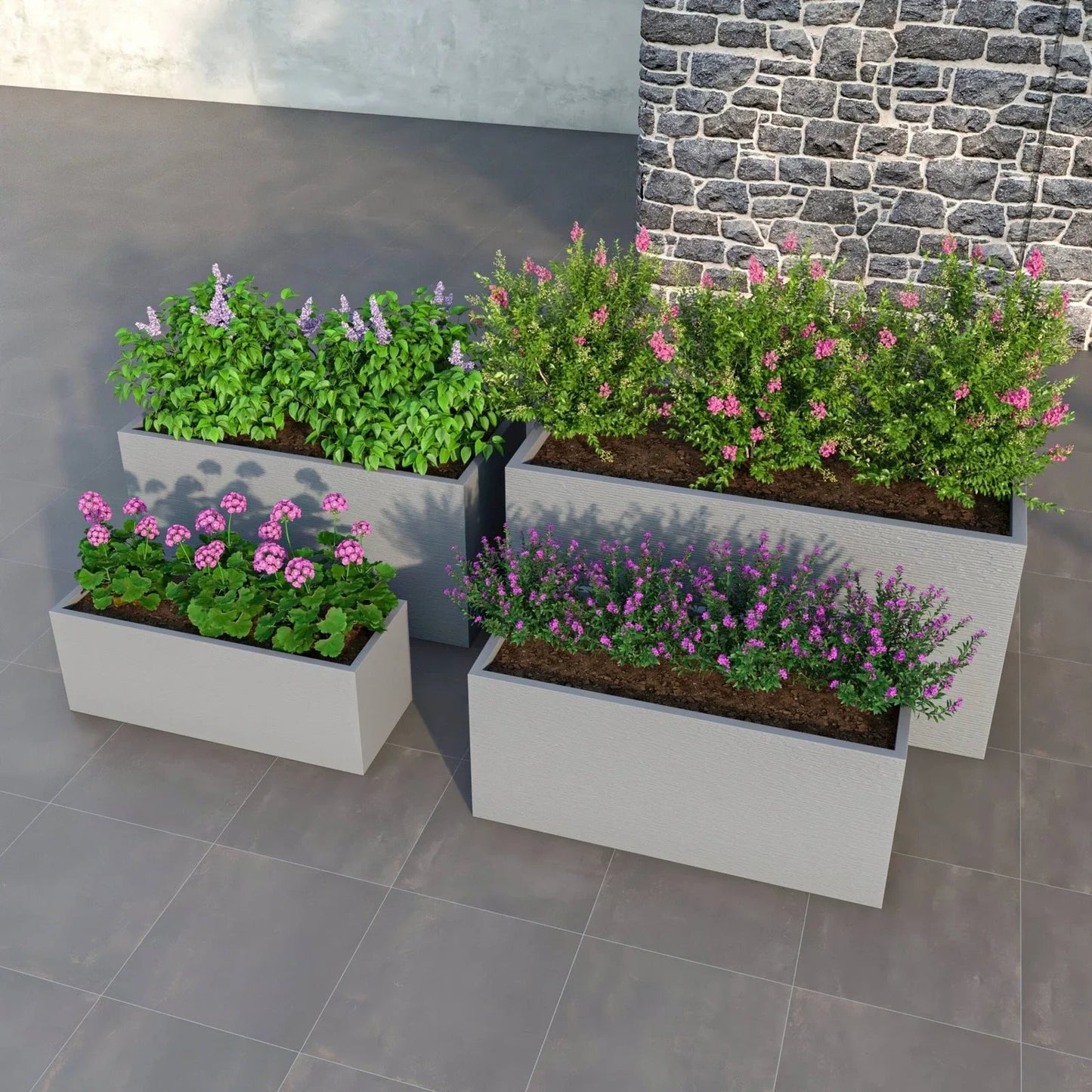 Flora Modern 3-Piece Rectangular Planter Pot Set in Fiberstone and Clay Weather Resistant Design in Grey - Elax Furniture