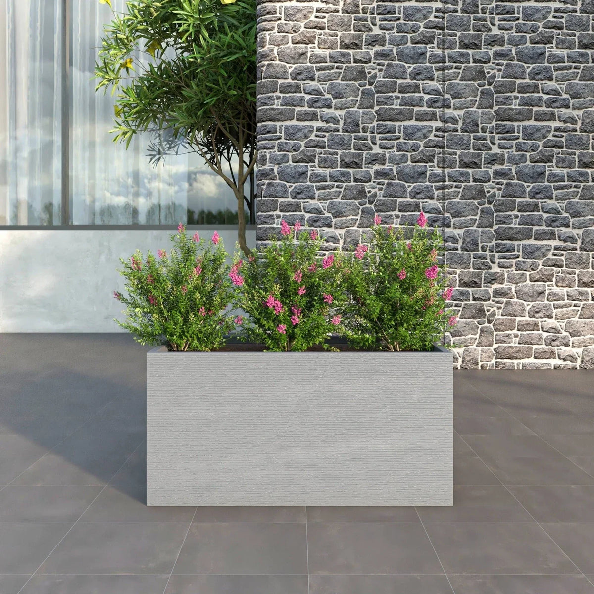 Flora Modern Rectangular Planter Pot in Fiberstone and Clay Weather Resistant Design in Grey - Elax Furniture