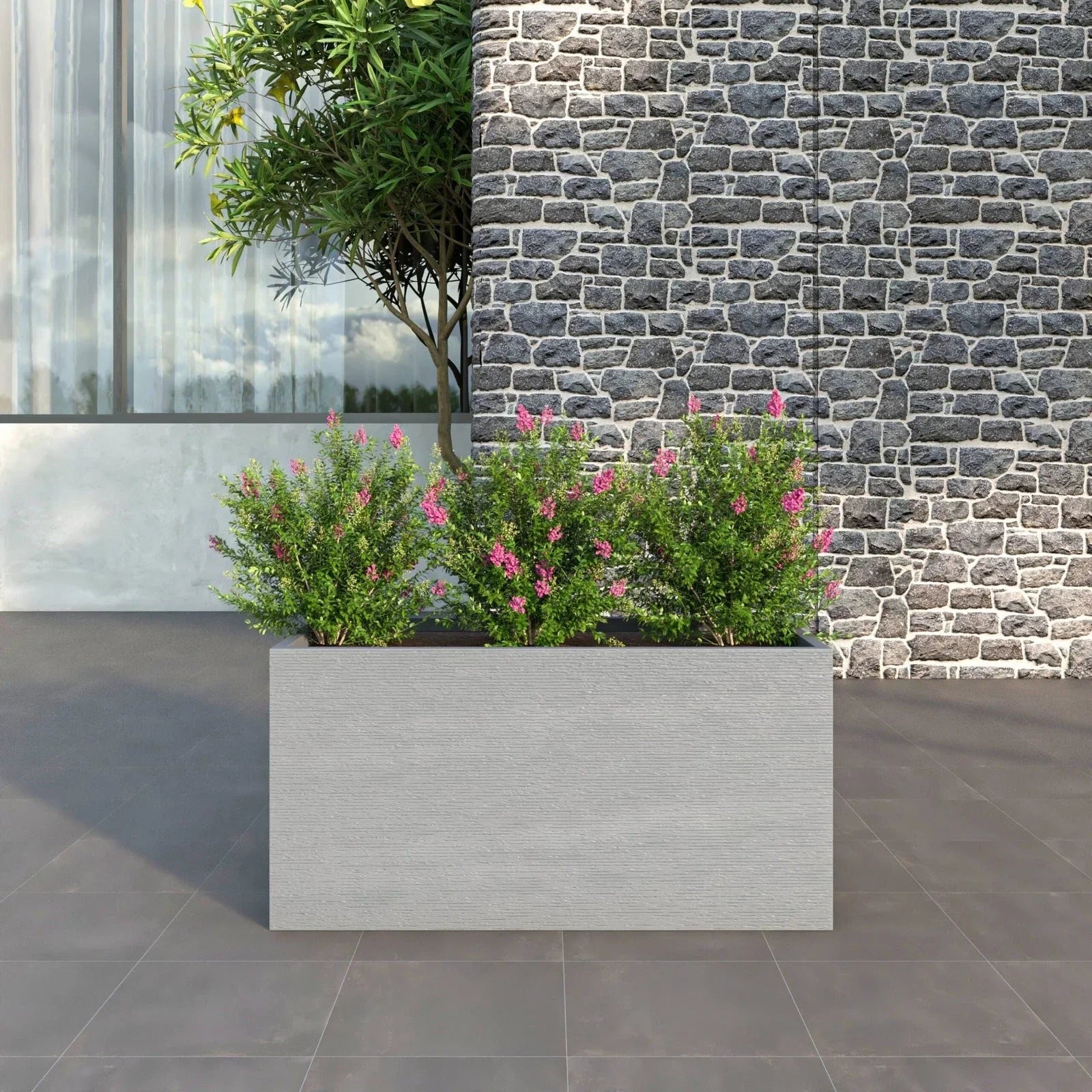 Flora Modern Rectangular Planter Pot in Fiberstone and Clay Weather Resistant Design in Grey - Elax Furniture