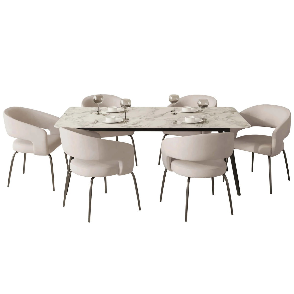 Zayle 7-Piece Dining Set with Rectangular Sintered Stone Dining Table and 6 Velvet Dining Chairs with Iron Base - Elax Furniture