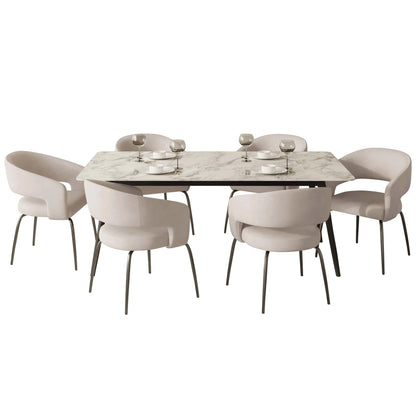 Zayle 7-Piece Dining Set with Rectangular Sintered Stone Dining Table and 6 Velvet Dining Chairs with Iron Base - Elax Furniture