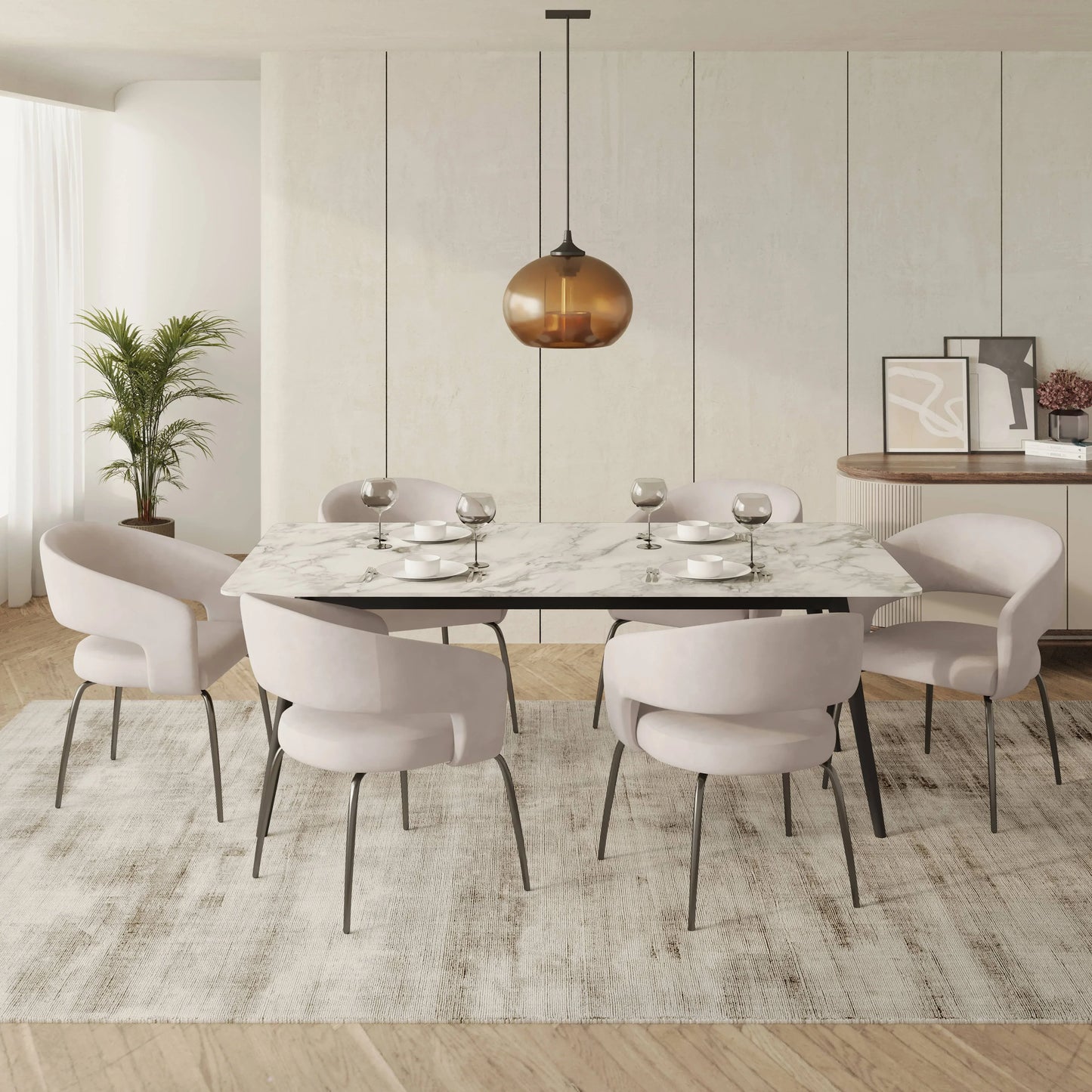 Zayle 7-Piece Dining Set with Rectangular Sintered Stone Dining Table and 6 Velvet Dining Chairs with Iron Base - Elax Furniture