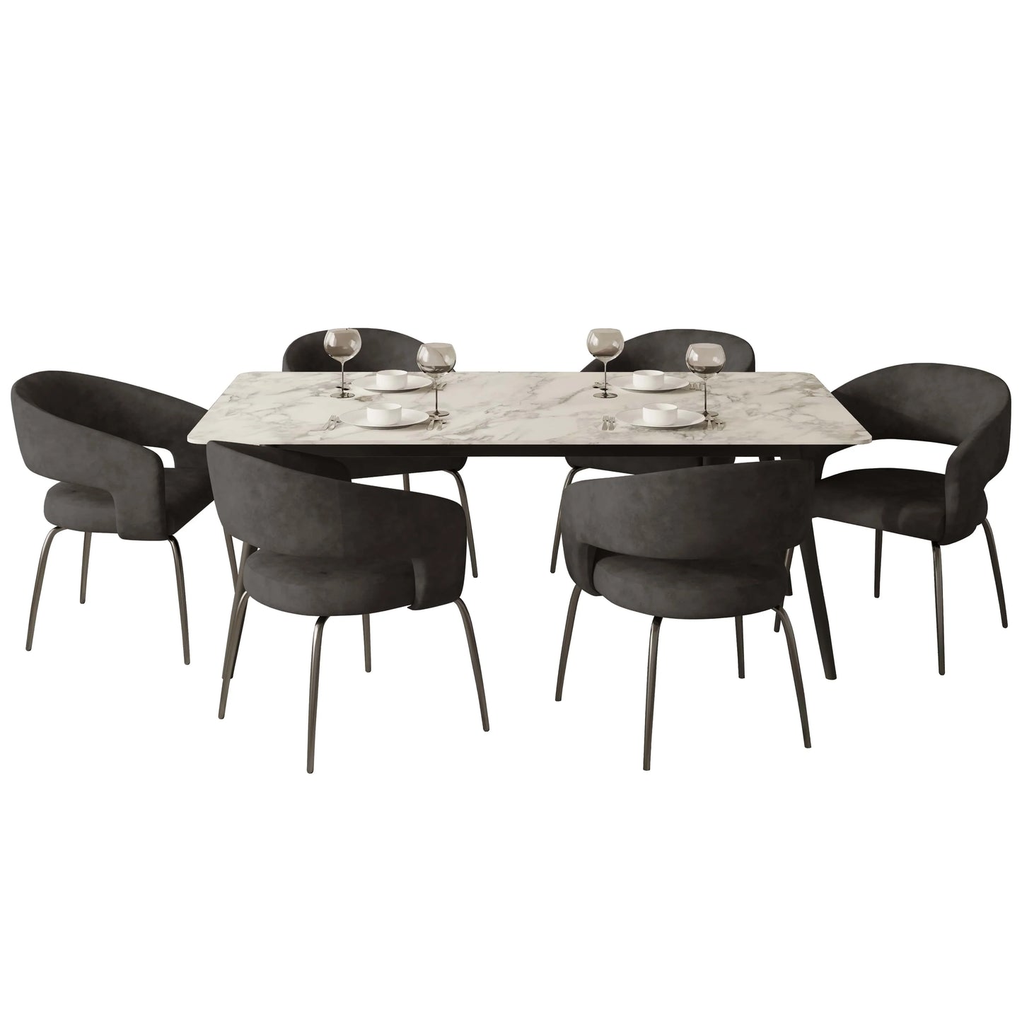Zayle 7-Piece Dining Set with Rectangular Sintered Stone Dining Table and 6 Velvet Dining Chairs with Iron Base - Elax Furniture