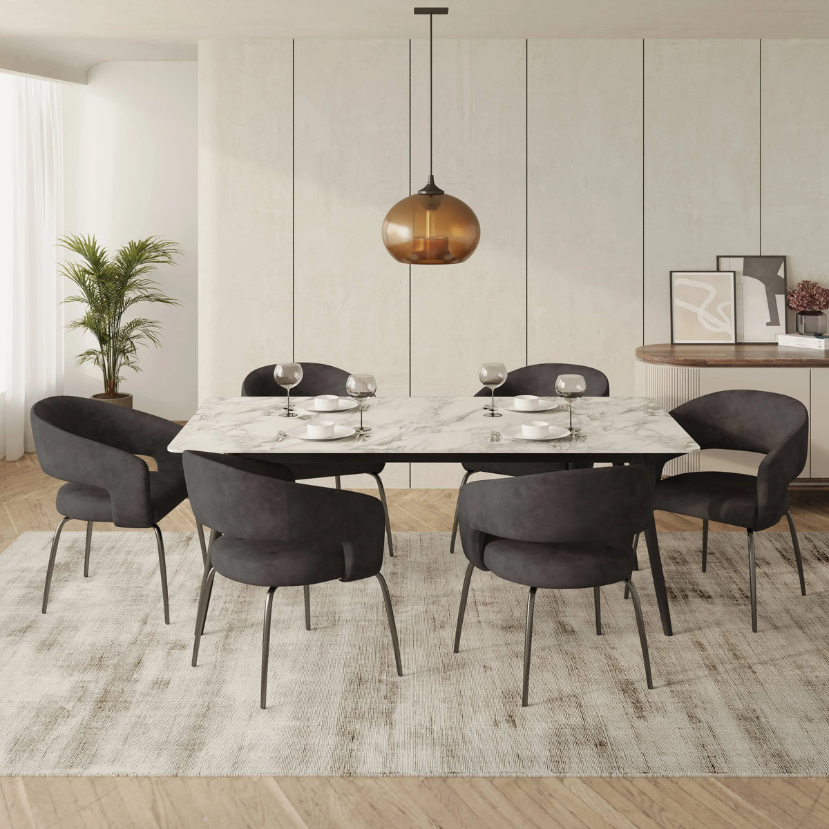 Zayle 7-Piece Dining Set with Rectangular Sintered Stone Dining Table and 6 Velvet Dining Chairs with Iron Base - Elax Furniture