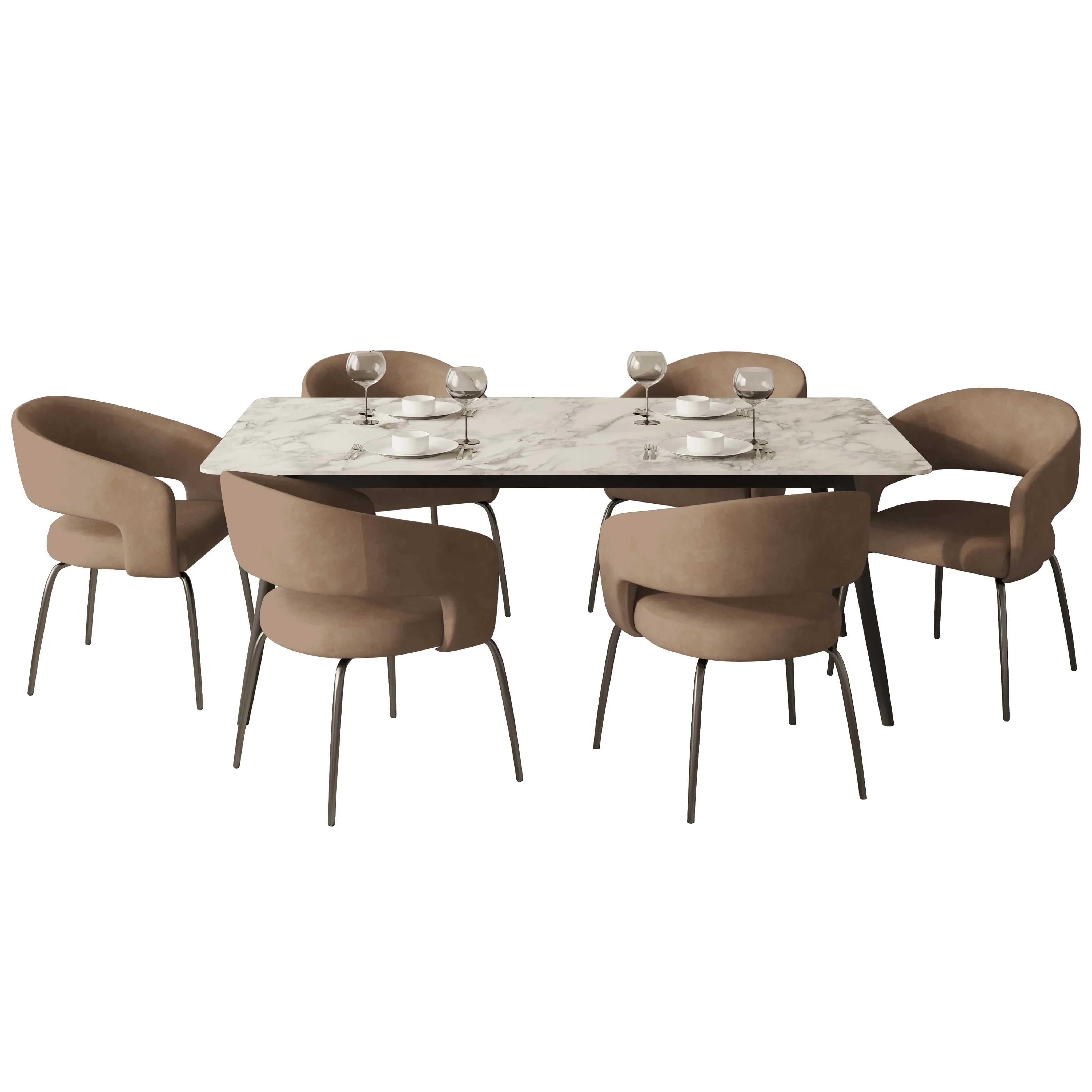 Zayle 7-Piece Dining Set with Rectangular Sintered Stone Dining Table and 6 Velvet Dining Chairs with Iron Base - Elax Furniture