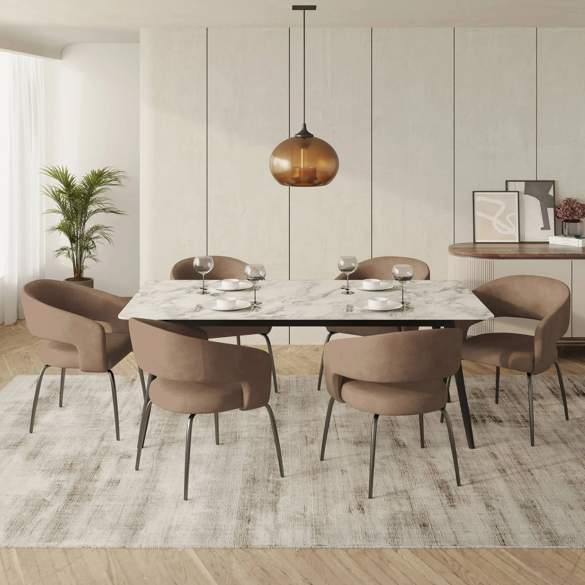 Zayle 7-Piece Dining Set with Rectangular Sintered Stone Dining Table and 6 Velvet Dining Chairs with Iron Base - Elax Furniture