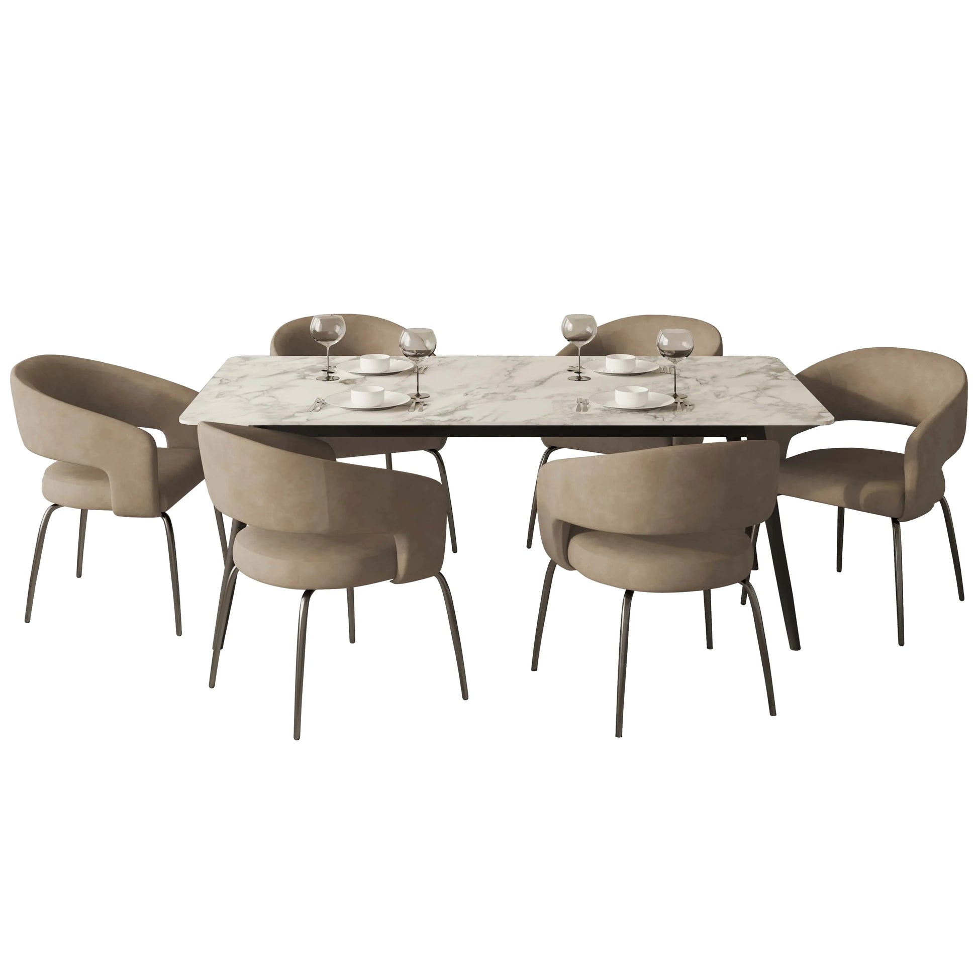 Zayle 7-Piece Dining Set with Rectangular Sintered Stone Dining Table and 6 Velvet Dining Chairs with Iron Base - Elax Furniture