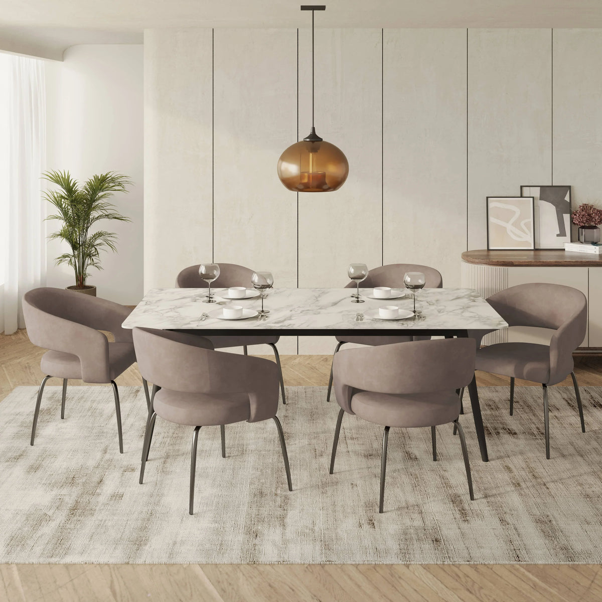 Zayle 7-Piece Dining Set with Rectangular Sintered Stone Dining Table and 6 Velvet Dining Chairs with Iron Base - Elax Furniture