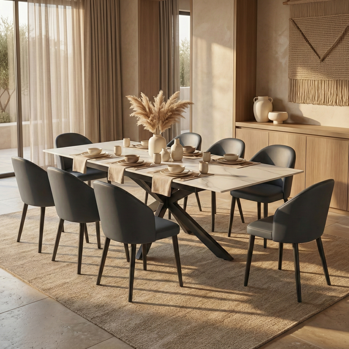 Luvic Extendable Dining Table 62"-95" Wide Sintered Stone Tabletop with Steel Legs