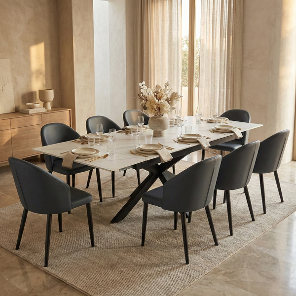 Luvic Extendable Dining Table 62"-95" Wide Sintered Stone Tabletop with Steel Legs