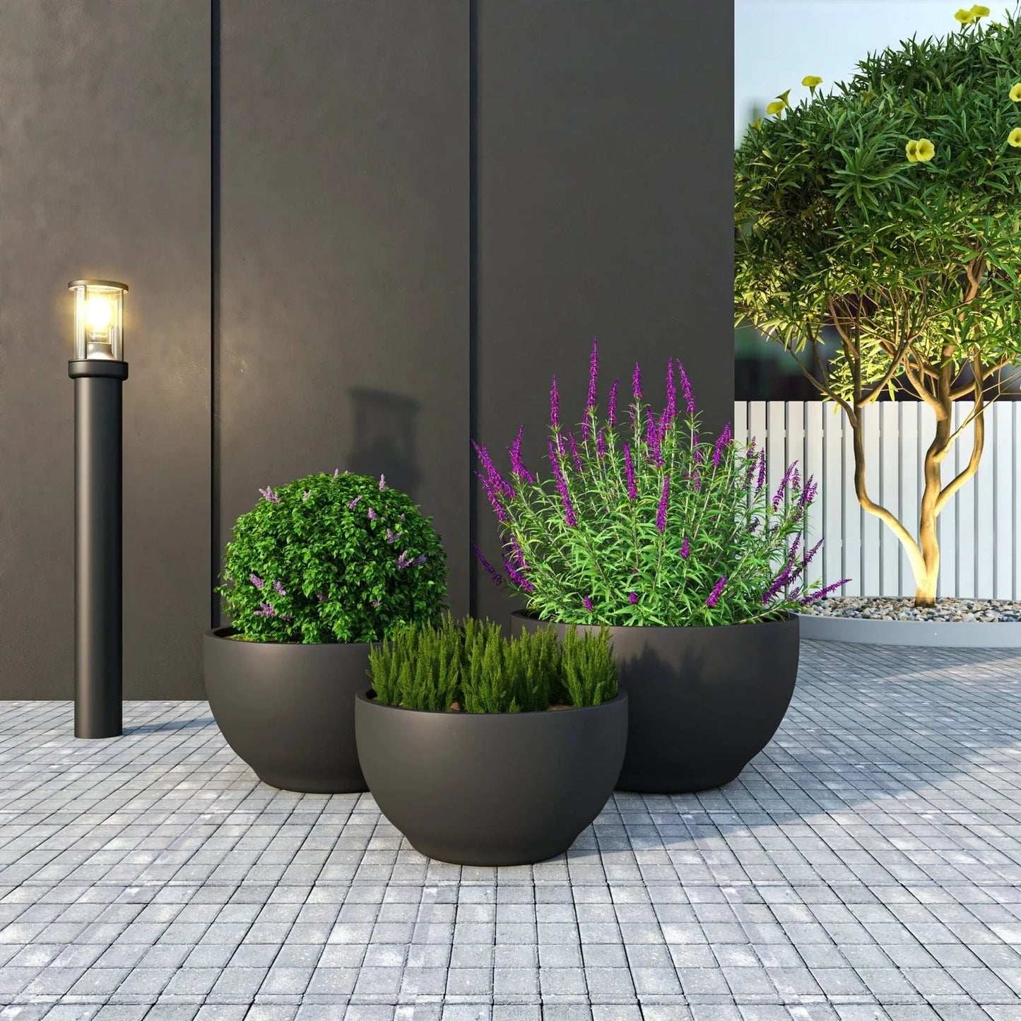 Grove Modern 3-Piece Round Planter Set in Fiberstone Weather Resistant Design - Elax Furniture