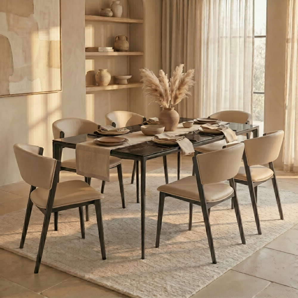 Aspen Dining Chairs Upholstered in Leather with Black Metal Legs