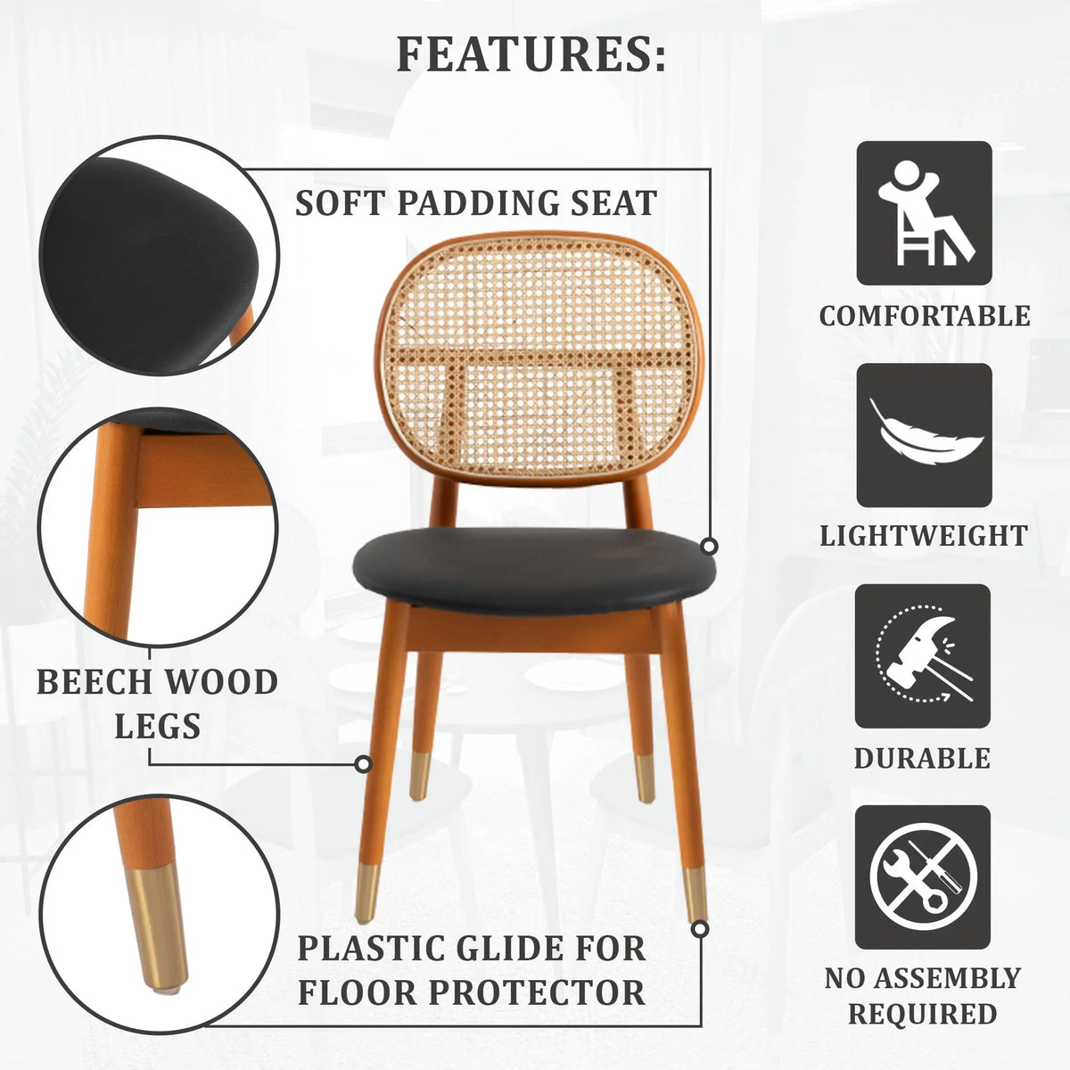 Holbeck Wicker Dining Chair with Upholstered Leather Seat and Beech Wood Legs - Elax Furniture