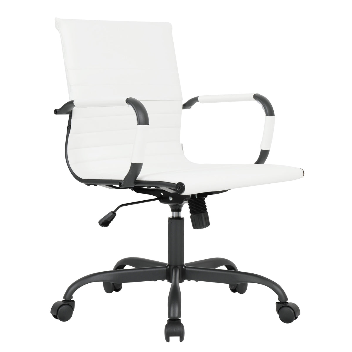 Harris Mid-Back Leather Adjustable Office Conference Chair with Armrests Black White Office Chair Leisuremod
