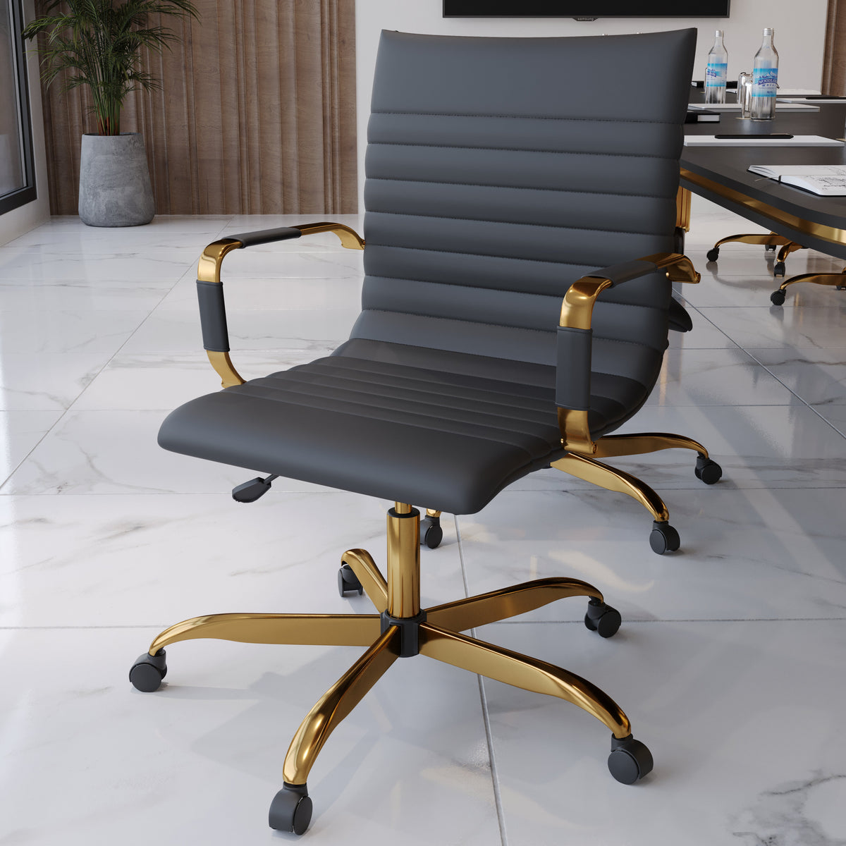Harris Mid-Back Leather Adjustable Office Conference Chair with Armrests Gold Black Office Chair Leisuremod