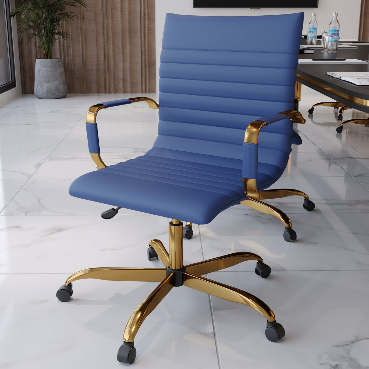 Harris Mid-Back Leather Adjustable Office Conference Chair with Armrests Gold Navy Blue Office Chair Leisuremod