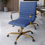 Harris Mid-Back Leather Adjustable Office Conference Chair with Armrests Gold Navy Blue Office Chair Leisuremod
