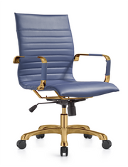 Harris Mid-Back Leather Adjustable Office Conference Chair with Armrests Gold Navy Blue Office Chair Leisuremod