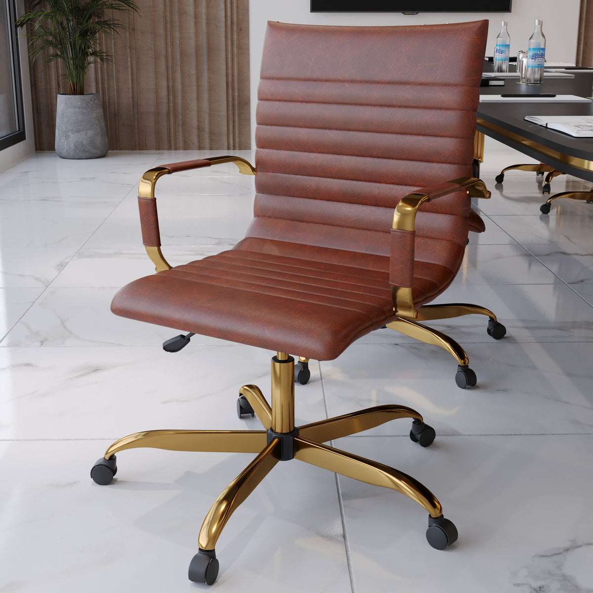 Harris Mid-Back Leather Adjustable Office Conference Chair with Armrests Gold Dark Brown Office Chair Leisuremod