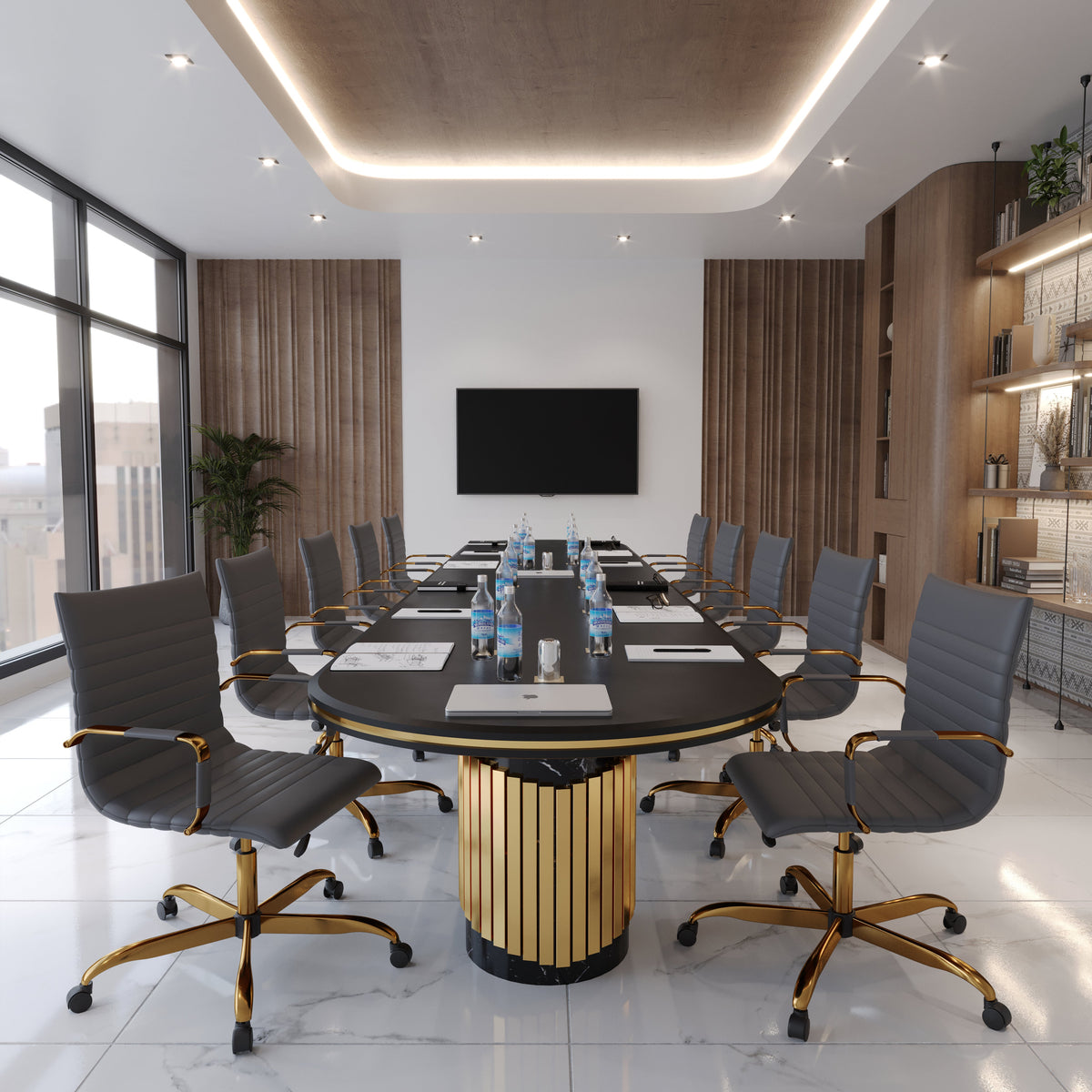 Harris Mid-Back Leather Adjustable Office Conference Chair with Armrests Gold Grey Office Chair Leisuremod